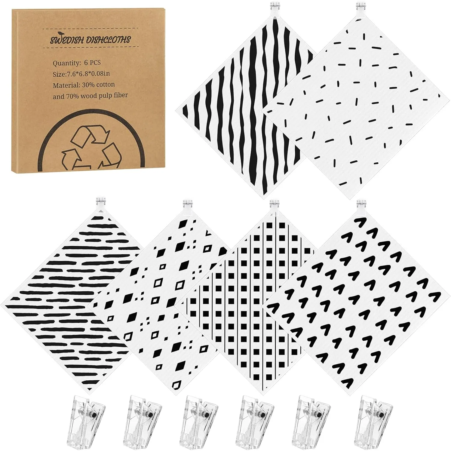 Paquete de 6 paños de cocina suecos para cocina, trapos suecos con clips, toallas de papel reutilizables, lavables, absorbentes.